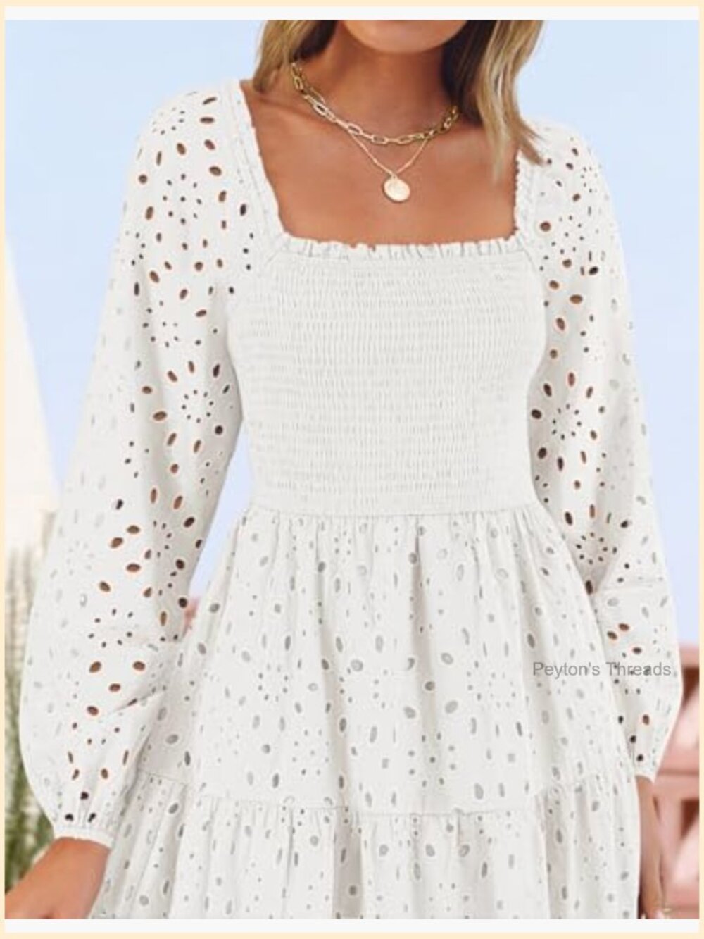 Square Neck Smocked A-Line Maxi Dress with Eyelet Detail - Picture 6 of 7
